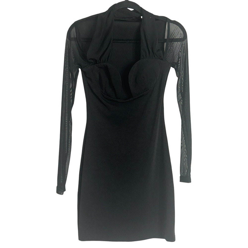 Black Mesh Sleeve Halter Mini Dress